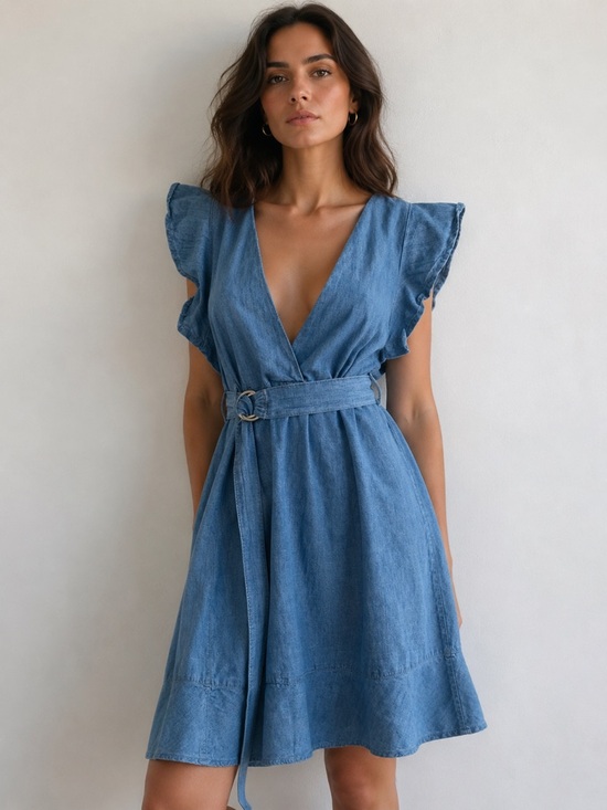 Topshop Dresses & Skirts - Topshop US 8 Chambray Denim Look Wrap Dress Flutter Sleeve Belted Midi Blue